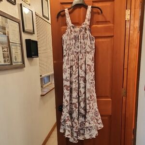 Smocked Floral Midi Dress in Cream and Brown
